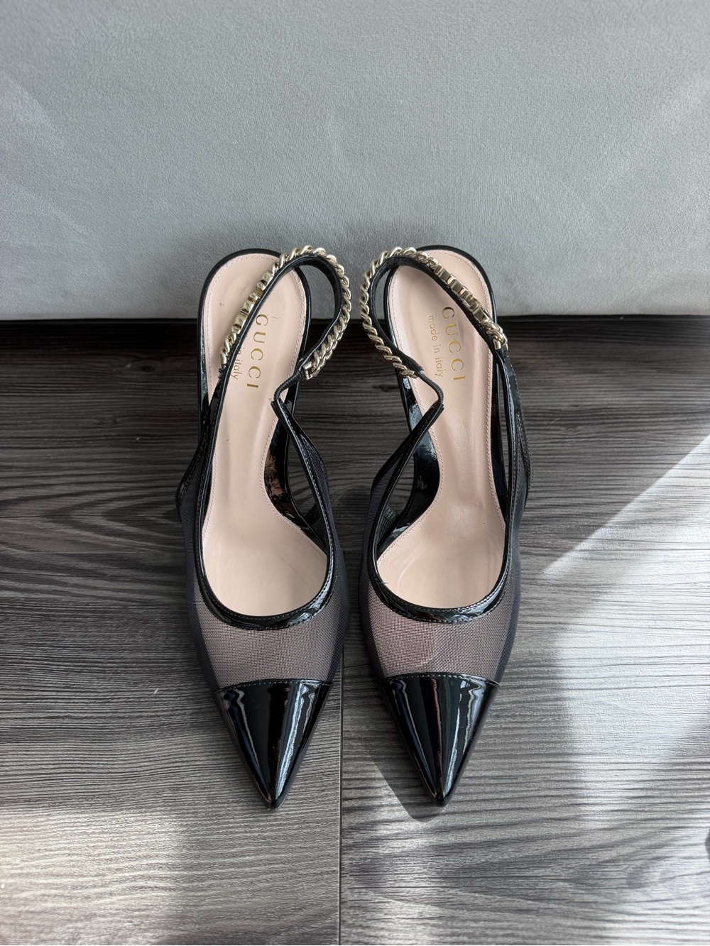 Gucci Black Mesh & Patent Leather Chain Slingback Pumps